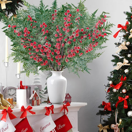 Christmas Snowy Cedar Picks 21 Inch Artificial Red Berry Pine Branches Large Frosted Cedar Sprays Christmas Faux Pine Needles Berry Cedar Sprigs for Holiday Garland Wreath Vase Floral Arrangements