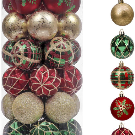Valery Madelyn Christmas Ornaments Set, 30ct Red Green and Gold Shatterproof Christmas Tree Decorations Ball Ornaments Bulk, 2.36 Inches Traditional Country Hanging Ornaments for Xmas Trees Decor