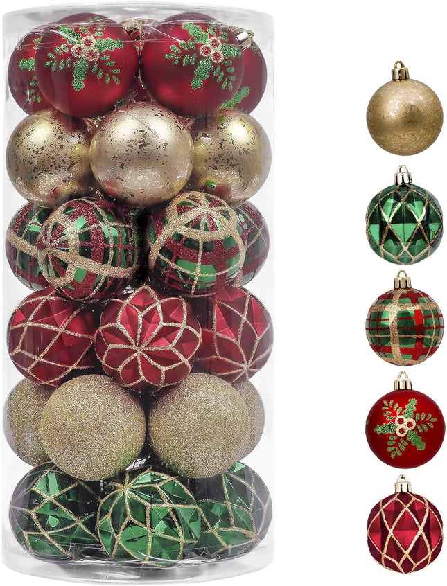 Valery Madelyn Christmas Ornaments Set, 30ct Red Green and Gold Shatterproof Christmas Tree Decorations Ball Ornaments Bulk, 2.36 Inches Traditional Country Hanging Ornaments for Xmas Trees Decor