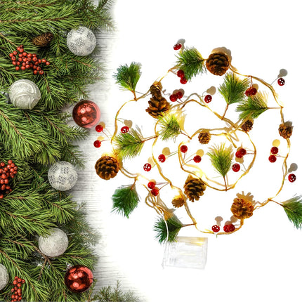 WYNK Christmas tree string lights, Christmas Garland Decoration with lights, 9.84FT 30LED Xmas Pinecone Red Berry Mushroom Lights Battery Powered Christmas Year Holiday Party Decoration Indoor