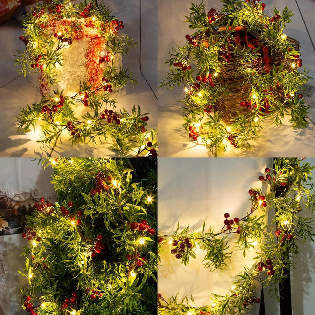2 Pack Artificial Christmas Garland String Lights with 162 Snowy Red Berries 55 Green Leaves 20 LED Lights Battery Operated for Xmas Mantle Indoor Outdoor Holiday Christmas Decoration