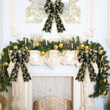 Whaline 2 Pack Christmas Wreath Bow Black Gold Snowflake Burlap Bow Xmas Decorative Tree Topper Ornaments Bow for Winter Indoor Outdoor Home Party Decor, 19.7 x 11.4 Inch