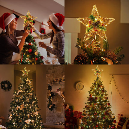 Brizled Christmas Tree Star, 10'' Rattan Christmas Tree Topper with 30 LED Lights, Battery Powered Xmas Treetop with Red Berries & Pine Cones, Christmas Tree Top Ornament for Christmas Tree Home Decor