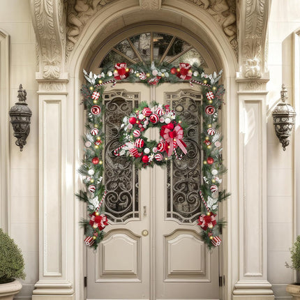 Valery Madelyn 9 feet Pre-Lit Christmas Garland with Lights for Mantle, Lighted Battery Operated Candy Cane Xmas Garland with Red White Balls for Front Door Fireplace Table Centerpiece Outdoor Decor