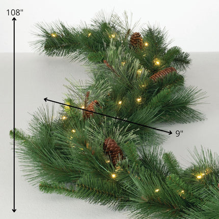 Sullivans 9' Prelit Christmas Garland, Christmas Decor, Garland Christmas Decorations, Artificial Pine Garland For Mantle with Lights, Pinecone Accents, Warm White Lights, Battery Timer, Holiday Decor