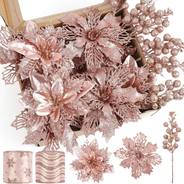24 Pcs Rose Gold Christmas Tree Decorations Kit Poinsettias Artificial Christmas Flowers Decorations Set Christmas Ribbon Garland for Christmas Tree