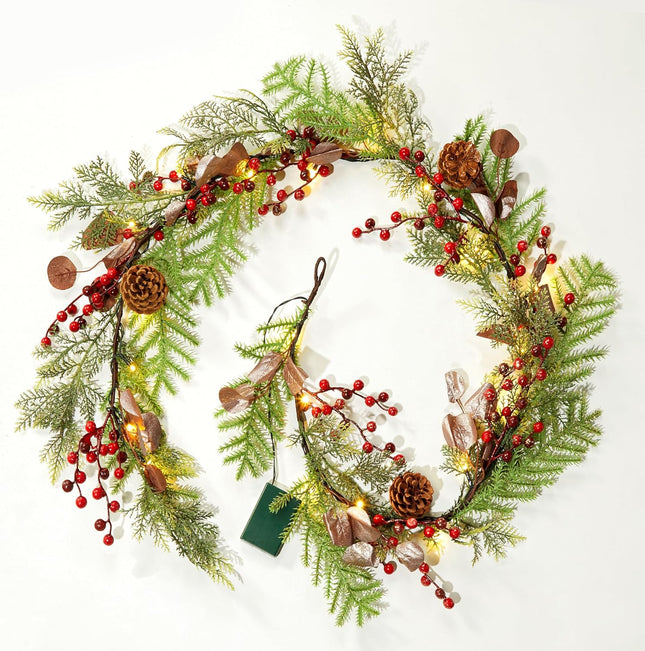 Brightown Christmas Garland with Lights, Battery Operated, 6 Ft 20 LED Lighted Pine Leaves Garland Decorated with Pine Cones, Berry, Eucalyptus Leaves, Indoor Christmas Lights for Mantle Stairs Wall