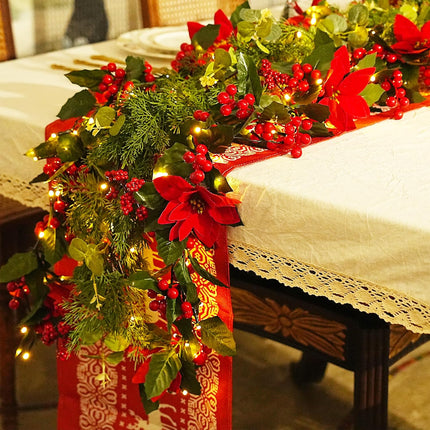 Christmas Garland with Lights Indoor Christmas Decorations Pre-Lit Artificial Christmas Garland for Christmas Tree Fireplace Staircase 6FT Poinsettias Holly Leaves Red Berries