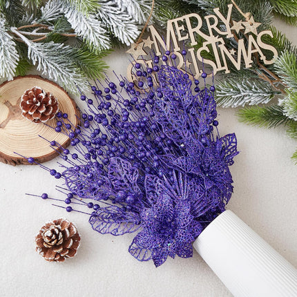 24 Pack Christmas Tree Ornaments - Artificial Flowers Glitter Berry Stems Christmas Floral Picks Branches for Xmas Tree Decorations Vase Filler Holiday Wedding Party Home Decor (Purple)