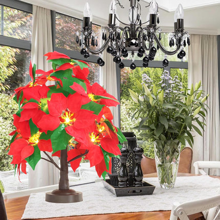 Mycznsyard Red Poinsettia Tree Light 18 LED Tabletop Christmas Artificial Tree Light 8 Modes 6 Hrs Timer USB/Battery Operated Decorative Lamp for Party Wedding Holiday Christmas (Warm White)