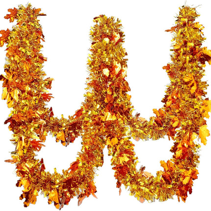 Dingion Thanksgiving 6 Pcs/ 39 Ft Fall Leaves Orange Tinsel Garland Gold Maple Leaf Metallic Twist Garland Decor Pumpkin Autumn Christmas Party Supplies for Home Door Fall Decoration(Maple Leaf)