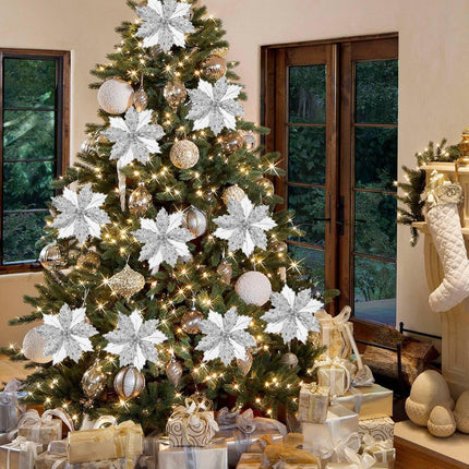 Briful 9'' Poinsettias Artificial Christmas Flowers 8PCS Silk Christmas Floral Picks and Sprays Large Silver Poinsettias Flowers with Clips for Xmas Tree Vase Arrangement Wreath Decor