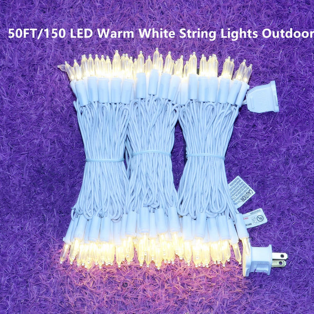 LUCKY SHINE 150 Warm White LED Christmas Lights, Commercial Grade 50 FT White Wire String Lights, for Indoor and Outdoor Use.