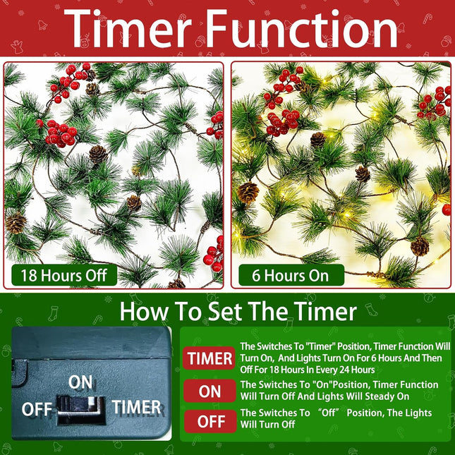 10Ft 30 LED Prelit Christmas Garland with Lights Timer, Garlands for Decoration Christmas Battery Operated Pine Cones Red Berries Lighted Garland for Mantle Home Indoor Xmas Decor, Warm White