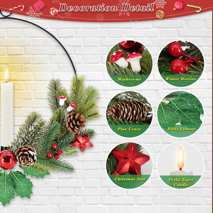 Christmas Wreaths for Front Door Windows: 2Pcs 15 Inch Small Prelit Lighted Xmas Wreaths Battery Operated with Timer LED Taper Candles Lights Decorations for Indoor Outdoor Light Up Winter Holiday