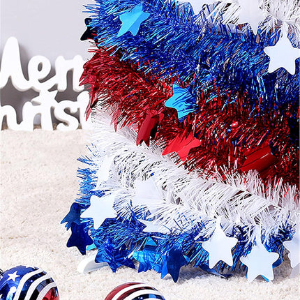 4th of July Decor, Patriotic Pop up Pencil Christmas Tree,4.9 Ft Christmas Tinsel Tree,Sequin Star Ornaments Garland Collapsible Tree for Independence Day Memorial Home Decor
