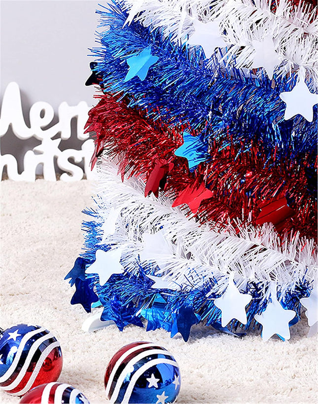 4th of July Decor, Patriotic Pop up Pencil Christmas Tree,4.9 Ft Christmas Tinsel Tree,Sequin Star Ornaments Garland Collapsible Tree for Independence Day Memorial Home Decor