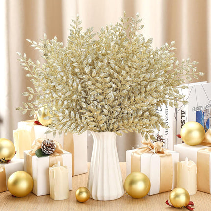 Zeyune 100 Pcs 14.6 Inch Glitter Artificial Christmas Picks Shinny Leaf Spray Christmas Tree Picks and Sprays Floral Picks for Xmas Winter Wreath Vase Fillers DIY Floral Arrangements (Champagne Gold)