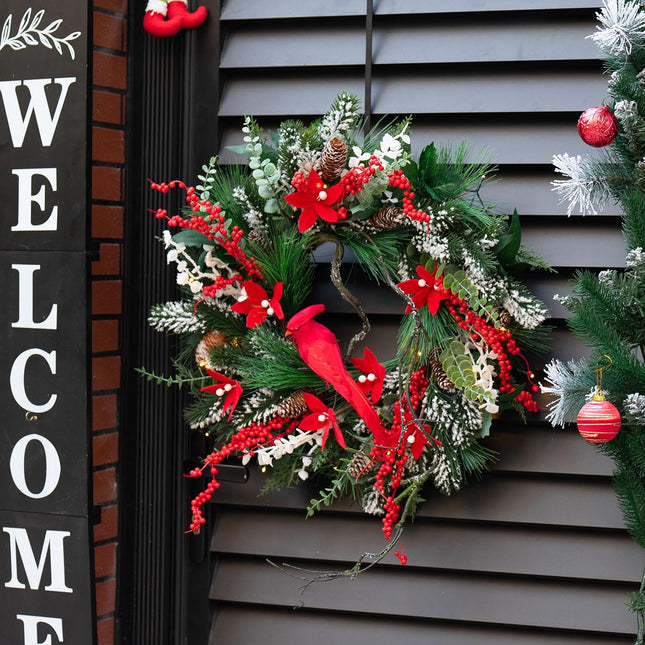 Christmas Wreaths for Front Door, Soomeir 24 Inch Christmas Wreath with Cardinal Birds Pine Needles Snow Eucalyptus and Berries, for Home Wall Window Porch Indoor Outdoor Decor