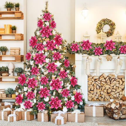 24 Christmas Glitter Artificial Poinsettia Flowers Xmas Poinsettia Artificial Wedding Flowers Decorations Xmas Tree Ornaments with Clips for Party Favors, 6 Inch, 4 Inch, 3 Inch (Fuchsia)