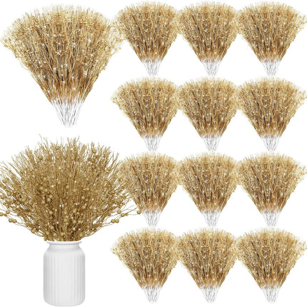 Tigeen 60 Pcs Christmas Artificial Glitter Berry Stem Decoration Bead Stick Pick 17 Inch Glittery Twig Branches for Xmas Tree Small Vase DIY Craft Wreath Home Decor Party Ornament(Gold)