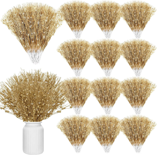 Tigeen 60 Pcs Christmas Artificial Glitter Berry Stem Decoration Bead Stick Pick 17 Inch Glittery Twig Branches for Xmas Tree Small Vase DIY Craft Wreath Home Decor Party Ornament(Gold)