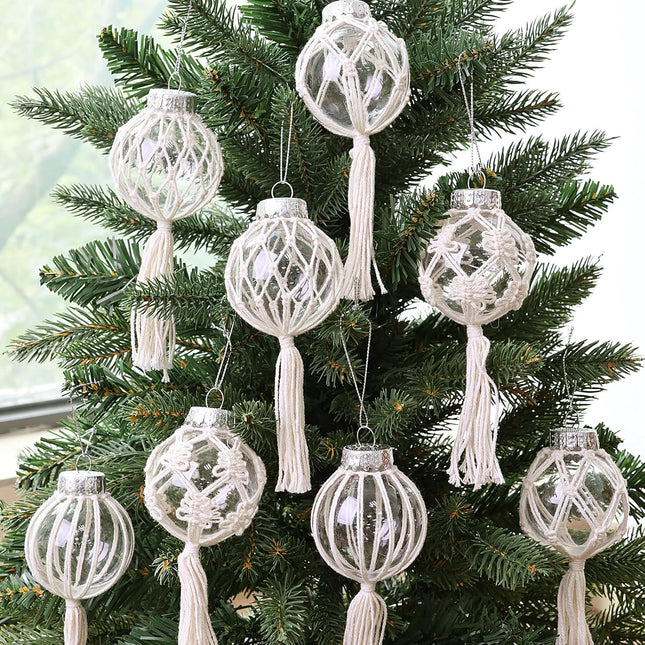 Christmas Decorations Indoor Boho Decor: 8pcs Handmade Weave Rustic Christmas Tree Ornaments, Bohemian Farmhouse Xmas Hanging Tree Balls for Tree Fireplace Garland, Cute Kids Home School Office Decor