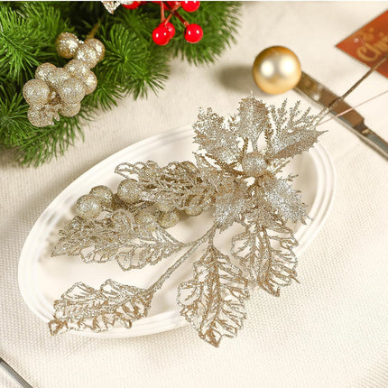 24Pcs 3 Styles Christmas Glitter Tree Picks and Sprays, Artificial Holly Berry Stems Decorations, Floral Twigs Sprays with Berries for Xmas Tree Wreath Decor, DIY Craft for Garland, Champagne Gold