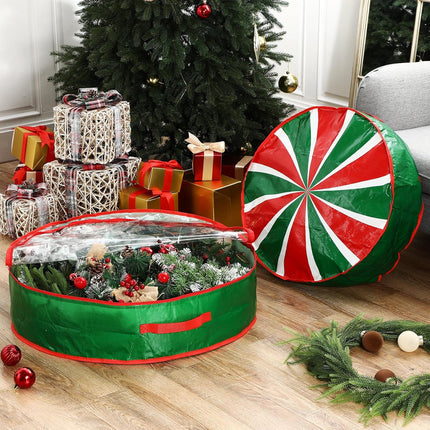 4 Pack Red Green Christmas Wreath Storage Bags Round Lollipop Christmas Tree Storage Container with Clear Window, Dual Zipper and Handles Xmas Artificial Wreath Box for Home(36 Inch)