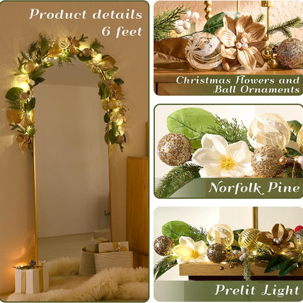 Decorbyhannah Christmas Garland with Lights, 6ft Prelit Gold White Christmas Garland Decorations with Ornaments and Magnolia, Battery Operated Christmas Garland Indoor for Mantle, Fireplace, Stairs