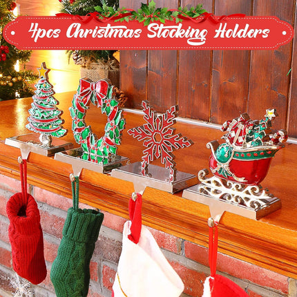Zhengmy 4 Pcs Christmas Stocking Holders for Mantel Reindeer Snowflake Snowman Pine Xmas Tree Stocking Hangers Metal Stocking Mantel Holders Christmas Decoration for Xmas Fireplace (Wreath)