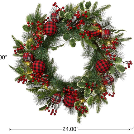 Glitzhome 24 Inch Prelit Christmas Wreath, Berry Holly Pine Wreath, Holiday Xmas Hanging Decoration for Front Door Porch