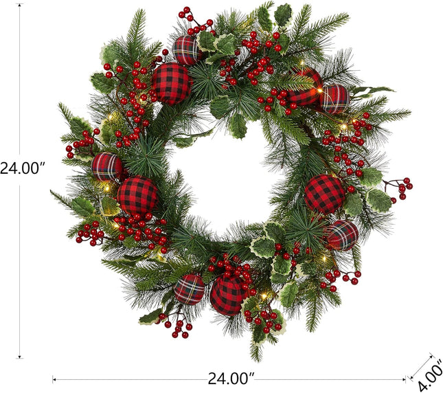 Glitzhome 24 Inch Prelit Christmas Wreath, Berry Holly Pine Wreath, Holiday Xmas Hanging Decoration for Front Door Porch