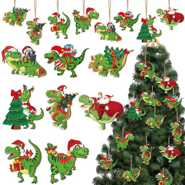 BBTO 40 Pcs Christmas Dinosaur Ornaments Christmas Tree Topper Ornaments Wood Decorative Hanging Dinosaur Wooden Ornaments for Christmas Tree Xmas Party Holiday Decoration