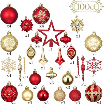 Valery Madelyn Ornaments for Christmas Trees, 100ct Red and Gold Shatterproof Christmas Tree Decorations, Luxury Hanging Ball Ornaments Bulk for Xmas Holiday Decor