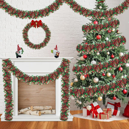 50FT Christmas Tinsel Garland, Green Red Tinsel Garland for Christmas Tree Green Red Tinsel Hanging for Indoor and Outdoor Disco Party Supplies Green Red Christmas Decorations