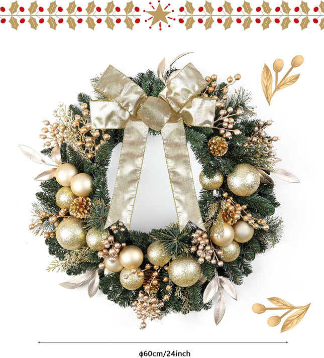 Christmas Wreaths for Front Door 24“ Champagne Gold Door Wreath with Ball Ornaments and Gold Accents, Christmas Decorations Home Indoor and Outdoor Holiday Decor Wreaths
