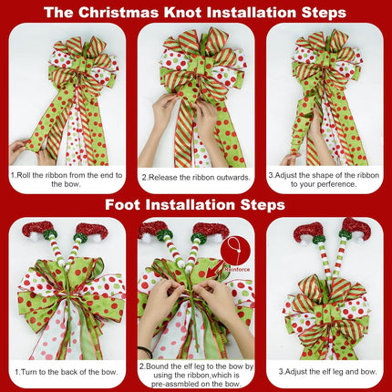 Christmas Tree Topper Wreath Bow with Elf Legs, 52×12Inch Large Toppers Bow Red Green Dot Glitter Ribbon for Christmas Tree Decorations Xmas Ornament Holiday Festival Home Indoor Outdoor Decor