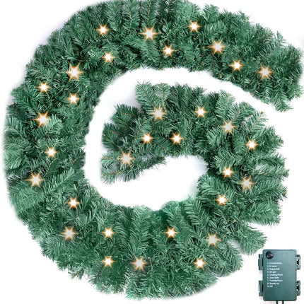 8.9FT Christmas Garland with Lights, Pre-lit Artificial Mantle Garland Christmas, Holiday Decoration for Stairs Railing Fireplaces Indoor Outdoor.