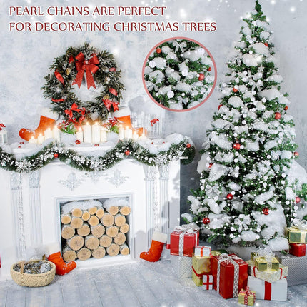 98 Feet Christmas Tree Beads Garland Decoration 2 Sizes Pearl Strands Chain Resin Pearls Beads Chains with ABS Plastic Line Christmas Tree Decorations for Home Mantle Fireplace Holiday Decor (White)