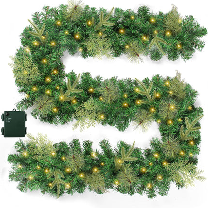 Christmas Garland with Lights, Prelit Xmas Garlands with Timer Outdoor Lighted Winter Pine Garlands with 50 LED Battery Powered String Light for Indoor, Party, Home Decoration, 9 Ft by 10 Inch