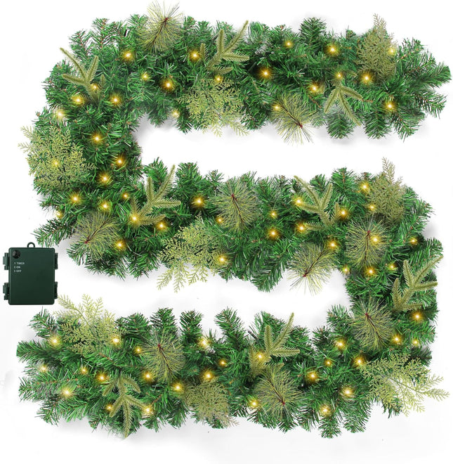 Christmas Garland with Lights, Prelit Xmas Garlands with Timer Outdoor Lighted Winter Pine Garlands with 50 LED Battery Powered String Light for Indoor, Party, Home Decoration, 9 Ft by 10 Inch