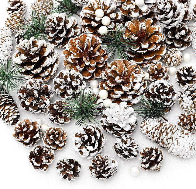 Whaline 170Pcs Christmas Pine Cones Berry Pine Branch Set Snow Pinecones Pendant White Winter Holiday Ornament for DIY Crafts Home Decorations Xmas Tree Tag Party Supplies, Assorted Sizes
