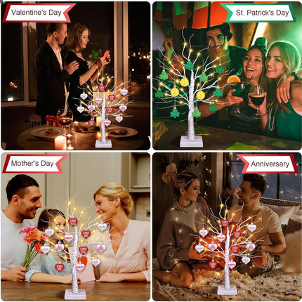 [Timer] Valentines Day Decor 24" Lighted Birch Tree with 24pcs Heart Shamrock Ornaments for Valentine's Day, St. Patrick's Day, USB/Battery Operated Valentines Tree Decorations for Home Table Bedroom