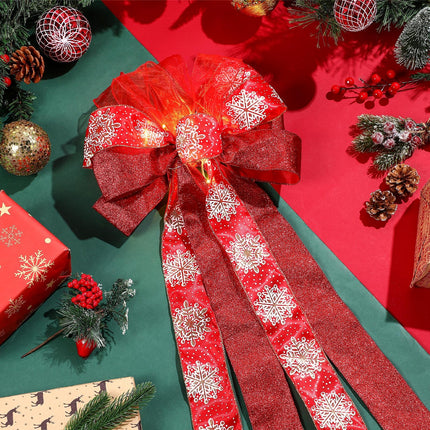XunYee Large Christmas Tree Topper Bow 12.6 inch Lighted up Christmas Bow with 4 Snowflake Ribbon Streamers x 3 Yards Long Each for Xmas Christmas Tree Decor(Red)