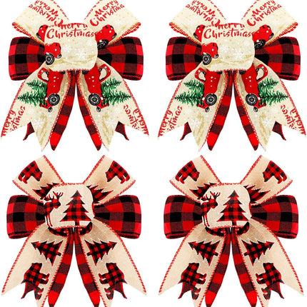 4 Pieces Christmas Buffalo Plaid Bow Burlap Plaid Red and Black Wreath Bows 8 x 8 Inch Christmas Double Layer Xmas Tree Bow for Home Decoration