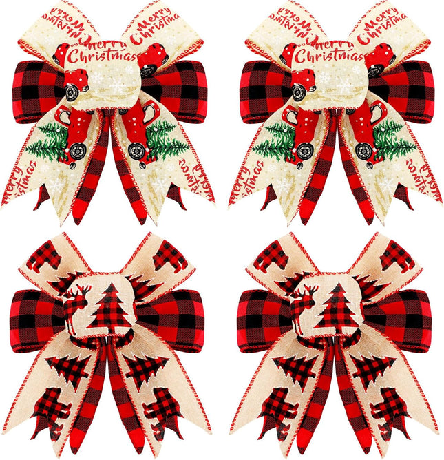 4 Pieces Christmas Buffalo Plaid Bow Burlap Plaid Red and Black Wreath Bows 8 x 8 Inch Christmas Double Layer Xmas Tree Bow for Home Decoration