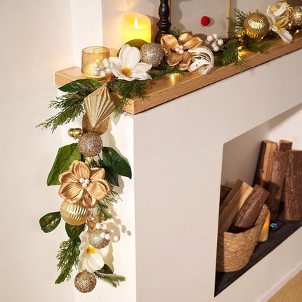 Decorbyhannah Christmas Garland with Lights, 6ft Prelit Gold White Christmas Garland Decorations with Ornaments and Magnolia, Battery Operated Christmas Garland Indoor for Mantle, Fireplace, Stairs