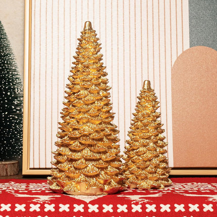 NEROSUN Gold Christmas Tree Figurine, Set of 2 Resin Christmas Tree Table Decorations, Christmas Mini Tree Ornaments Table Centerpiece for Indoor Cabinet Mantel Fireplace Holiday Xmas Decor