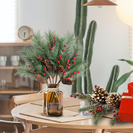 Sggvecsy 5 Pack Christmas Berries Pine Picks Artificial Red Berry Pine Branches Long Faux Pine Stem with Pinecones for Xmas Tree Wreath DIY Craft Floral Arrangement Holiday Season Decor